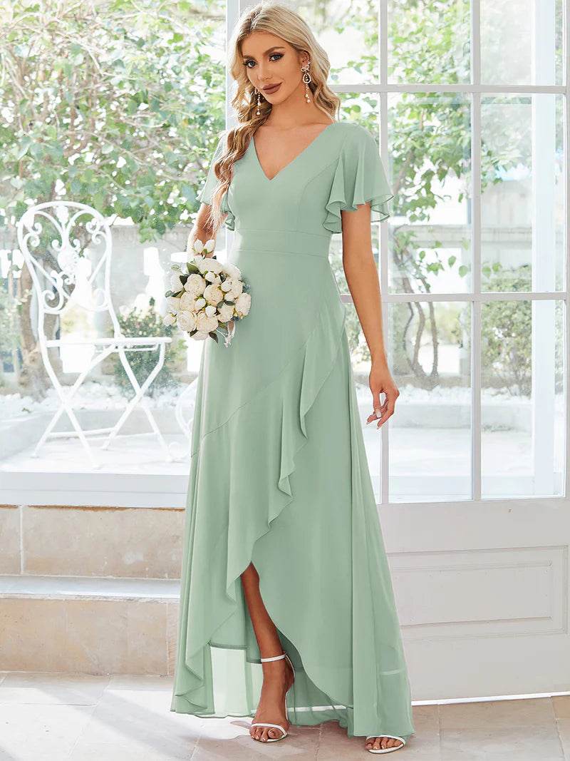 V-Neck High-Low Bridesmaid Dress – Ruffled Chiffon Gown - Biamonde
