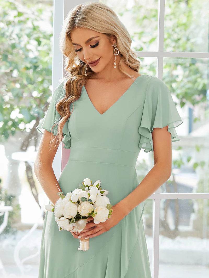 V-Neck High-Low Bridesmaid Dress – Ruffled Chiffon Gown - Biamonde