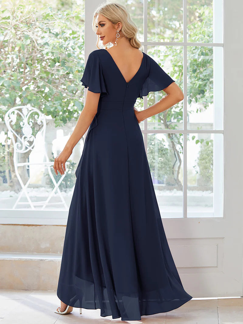 Elegant mint green chiffon high-low gown for bridesmaids featuring V-neck and soft ruffles
