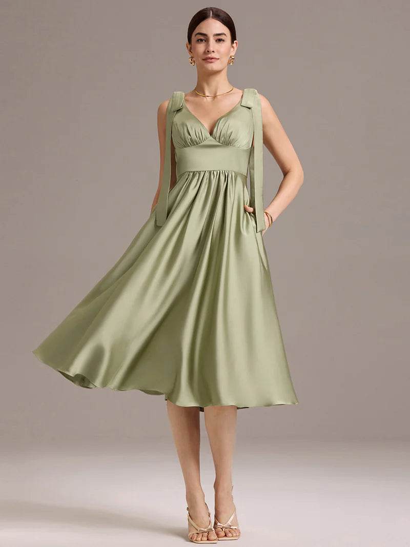 Sage Green Satin Midi Dress with V-Neck and Tie-Shoulder Straps - Biamonde