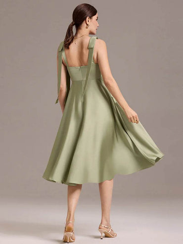 Sage Green Satin Midi Dress with V-Neck and Tie-Shoulder Straps - Biamonde