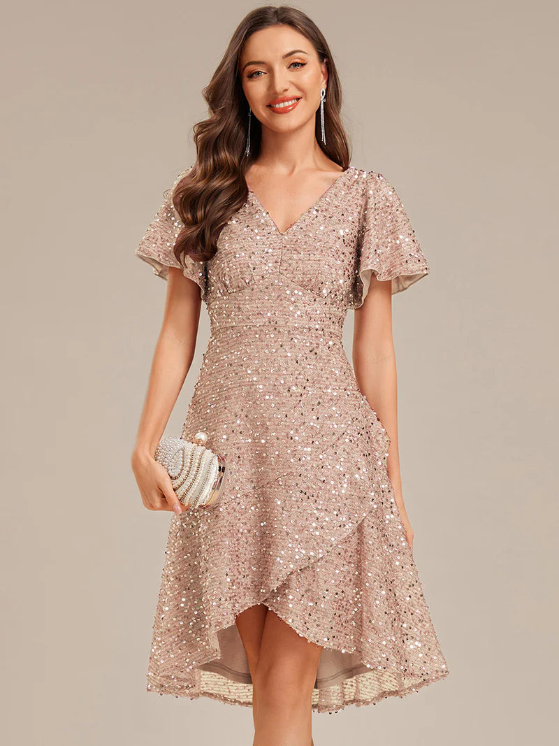 Elegant sequin high-low formal champagne dress featuring short ruffle sleeves and a deep V-neckline – ideal for weddings, galas, or prom nights.