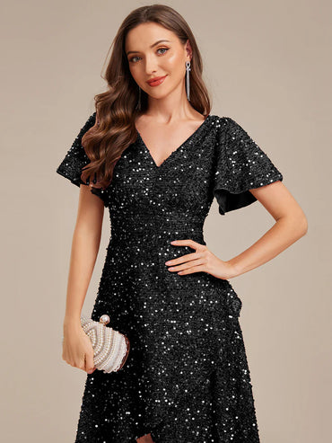Elegant sequin high-low formal black dress featuring short ruffle sleeves and a deep V-neckline – ideal for weddings, galas, or prom nights.