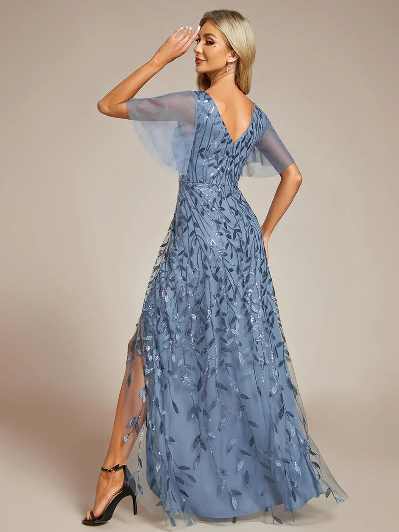 Sequin mesh high-low midi evening dusty blue dress with V-neckline and short sleeves