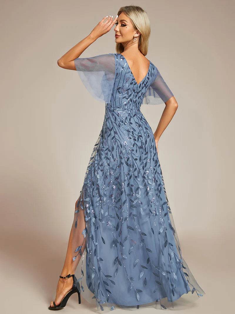 Sequin Mesh High-Low Midi Evening Dress with V-Neck and Short Sleeves - Biamonde