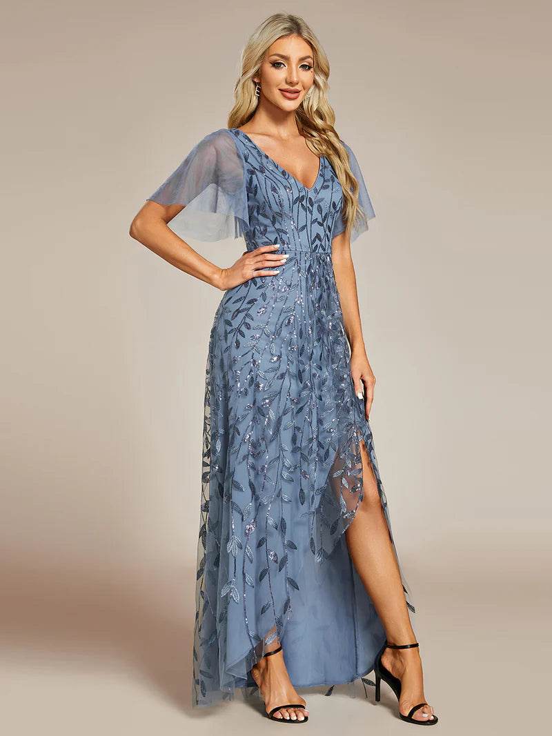 Sequin Mesh High-Low Midi Evening Dress with V-Neck and Short Sleeves - Biamonde