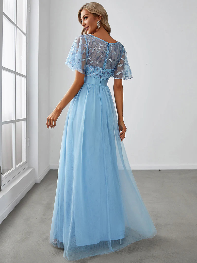 Elegant Sequin Print Floor-Length Evening Dress with Cap Sleeves