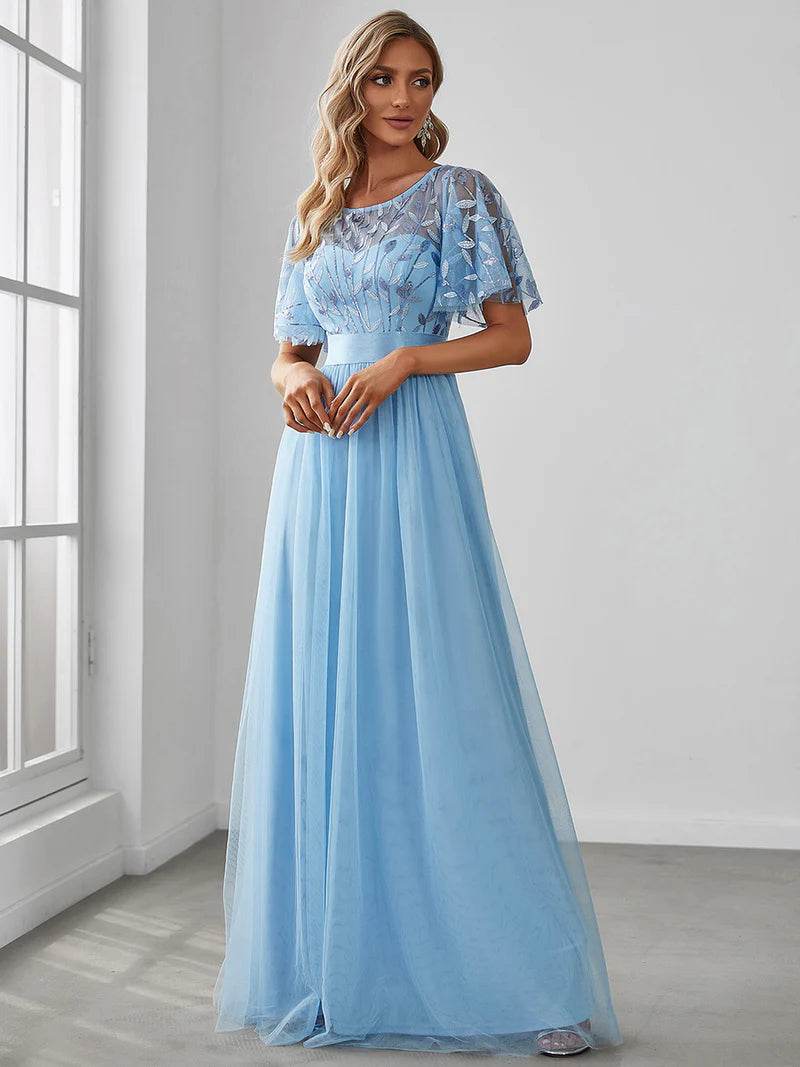 Elegant Sequin Print Floor-Length Evening Dress with Cap Sleeves - Biamonde