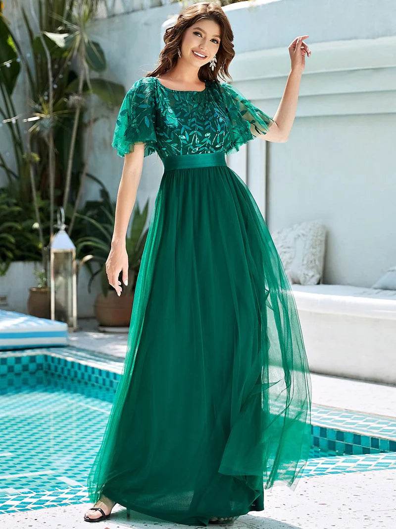 Elegant Sequin Print Floor-Length Evening Dress with Cap Sleeves - Biamonde