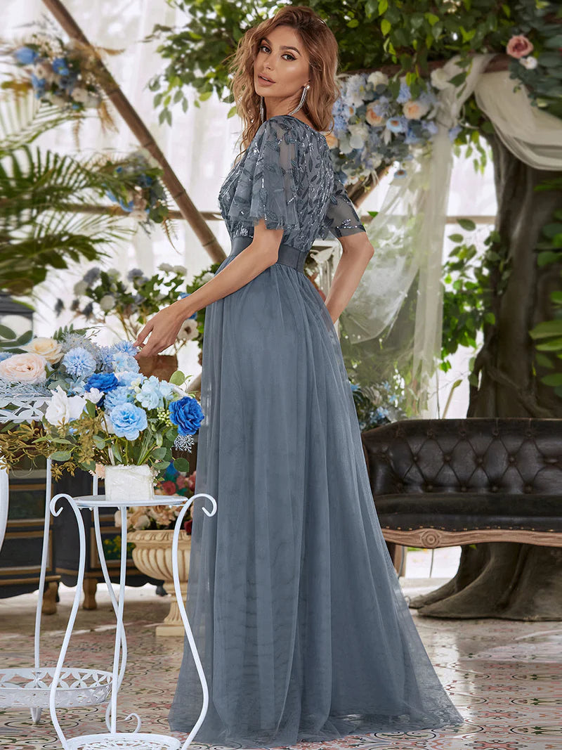 Elegant Sequin Print Floor-Length Evening Dress with Cap Sleeves
