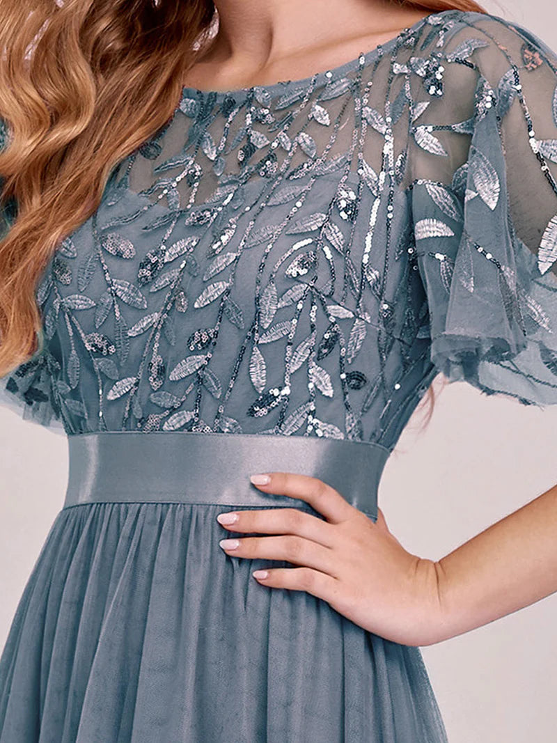 Elegant Sequin Print Floor-Length Evening Dress with Cap Sleeves