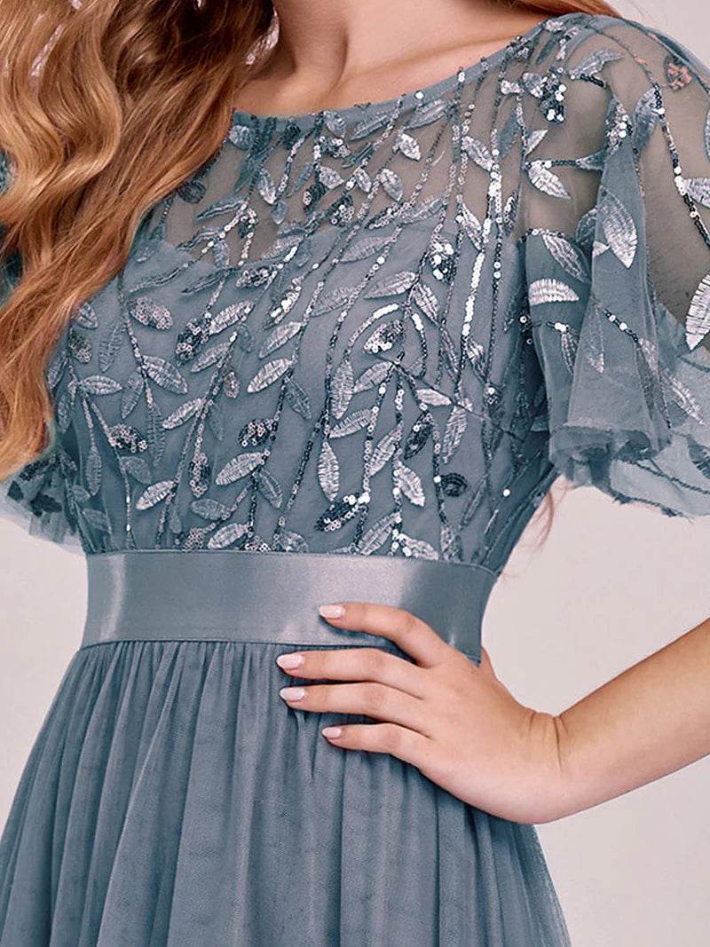 Elegant Sequin Print Floor-Length Evening Dress with Cap Sleeves - Biamonde