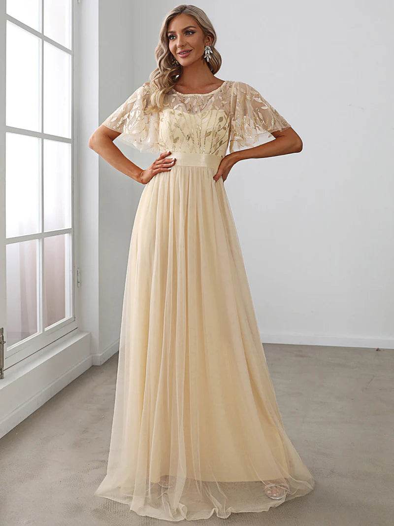Elegant Sequin Print Floor-Length Evening Dress with Cap Sleeves - Biamonde