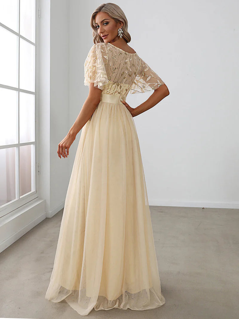 Elegant Sequin Print Floor-Length Evening Dress with Cap Sleeves