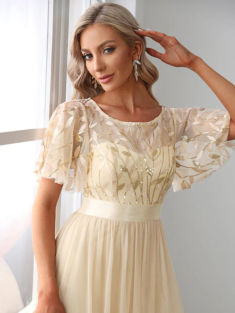 Elegant Sequin Print Floor-Length Evening Dress with Cap Sleeves