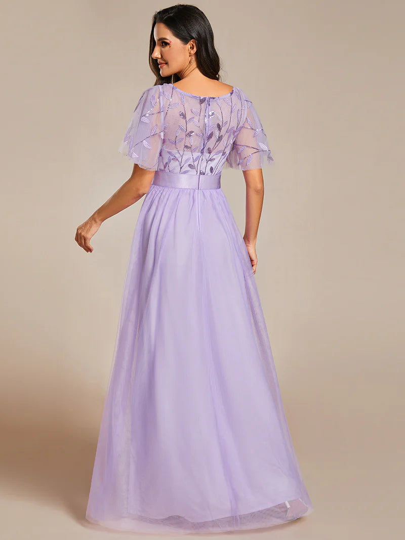 Elegant Sequin Print Floor-Length Evening Dress with Cap Sleeves