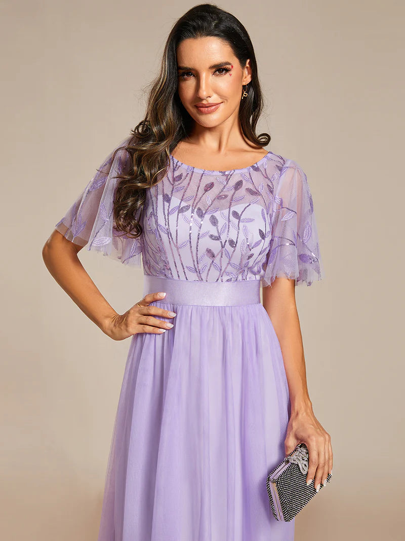Elegant Sequin Print Floor-Length Evening Dress with Cap Sleeves