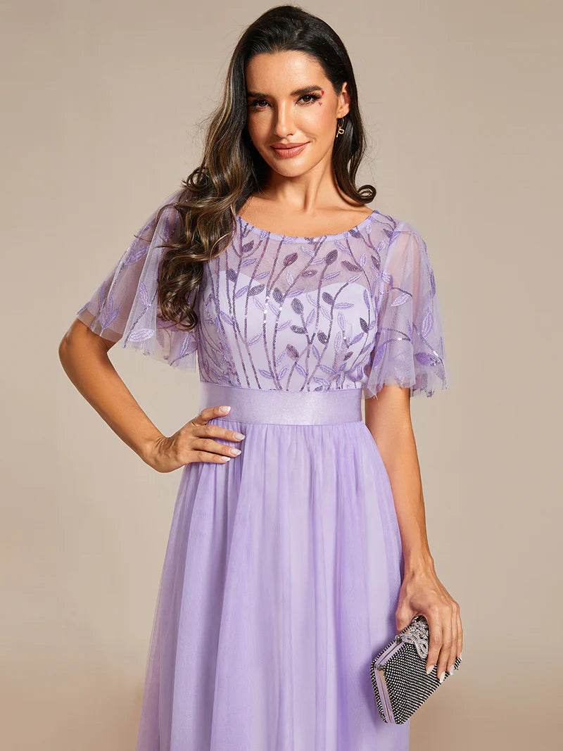Elegant Sequin Print Floor-Length Evening Dress with Cap Sleeves - Biamonde