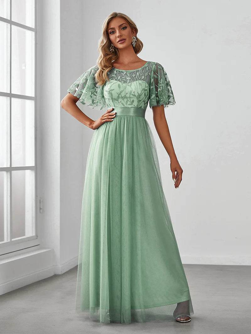 Elegant Sequin Print Floor-Length Evening Dress with Cap Sleeves - Biamonde