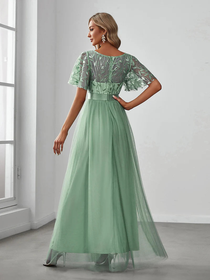 Elegant Sequin Print Floor-Length Evening Dress with Cap Sleeves