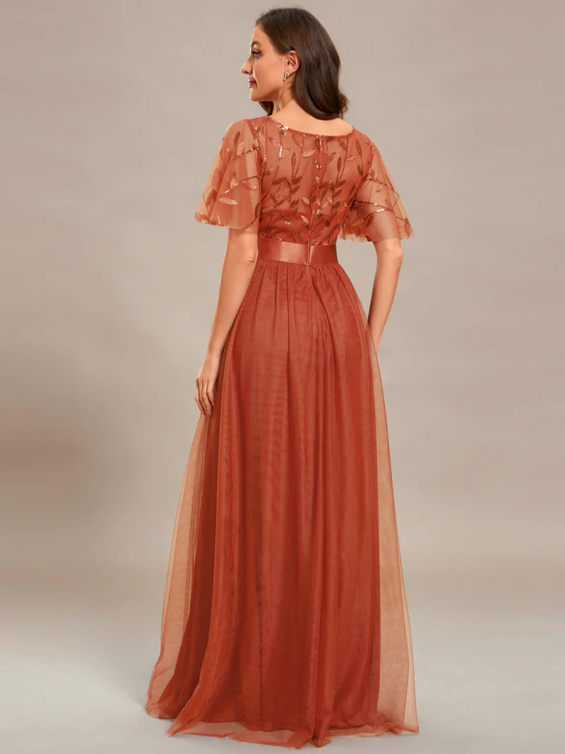 Elegant Sequin Print Floor-Length Evening Dress with Cap Sleeves