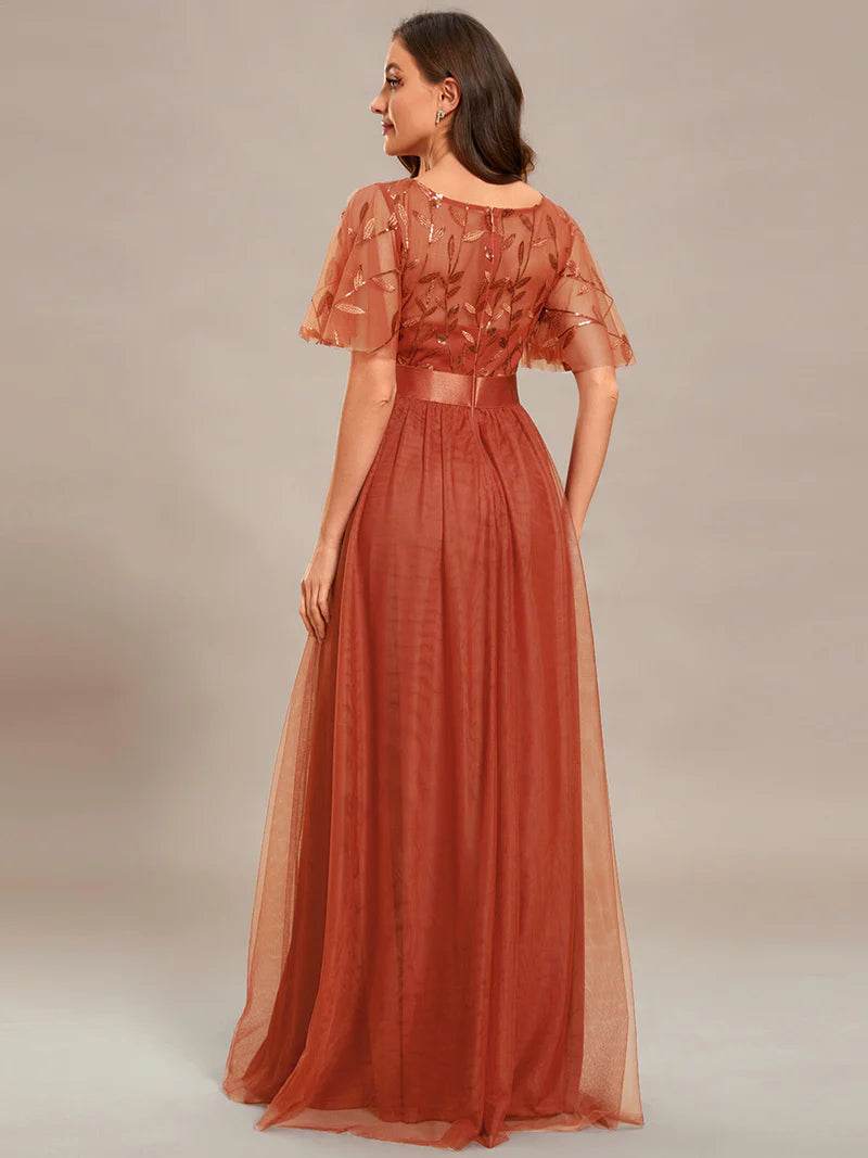 Elegant Sequin Print Floor-Length Evening Dress with Cap Sleeves - Biamonde