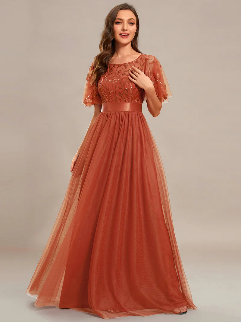 Elegant Sequin Print Floor-Length Evening Dress with Cap Sleeves