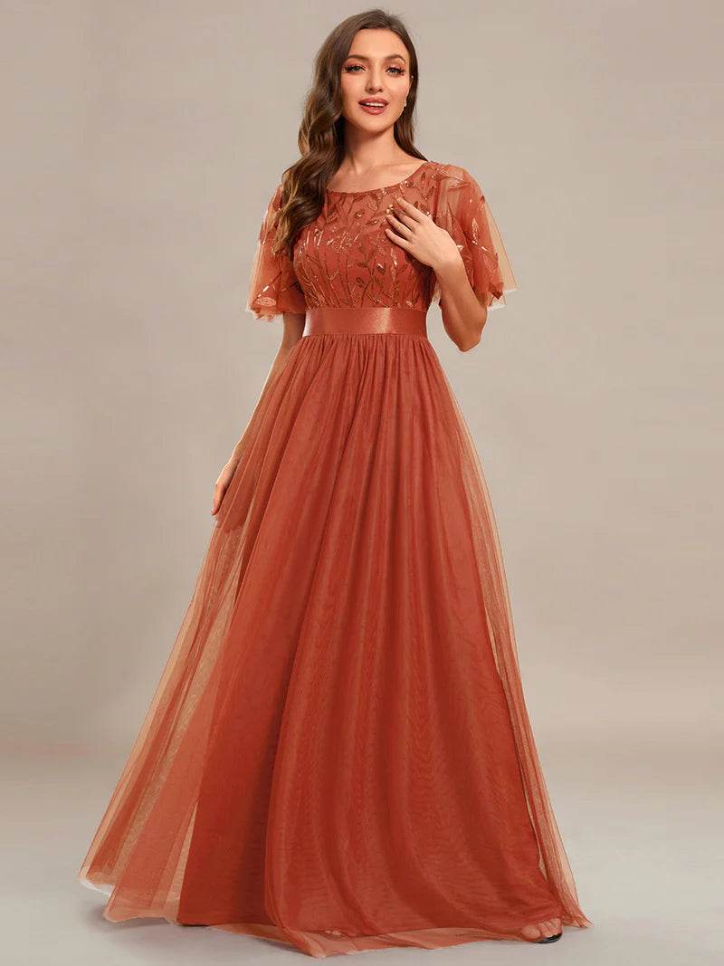 Elegant Sequin Print Floor-Length Evening Dress with Cap Sleeves - Biamonde