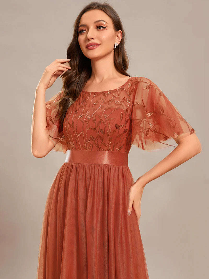 Elegant Sequin Print Floor-Length Evening Dress with Cap Sleeves