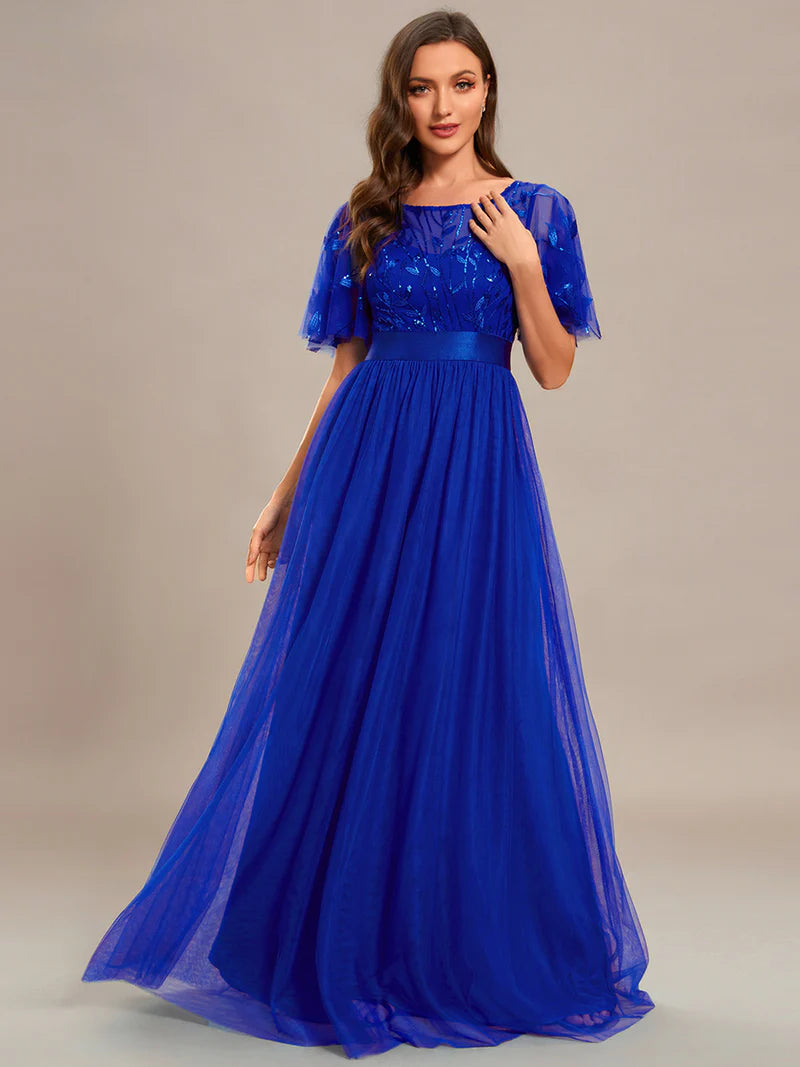 Shapie blue elegant floor-length evening dress with sequin print and cap sleeves