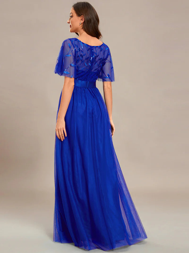 Shapie blue elegant floor-length evening dress with sequin print and cap sleeves