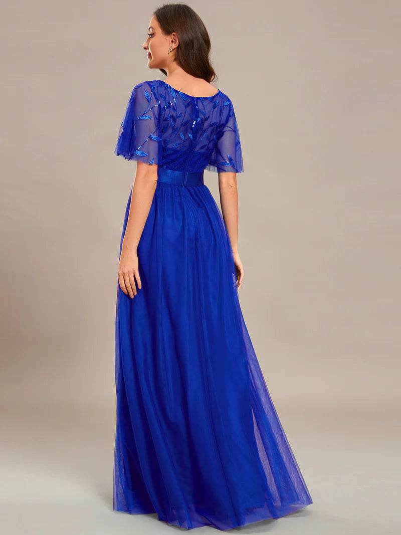 Elegant Sequin Print Floor-Length Evening Dress with Cap Sleeves - Biamonde