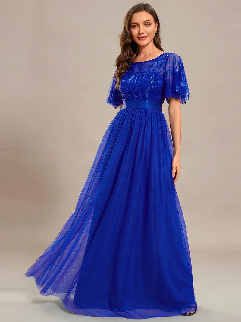 Shapie blue elegant floor-length evening dress with sequin print and cap sleeves