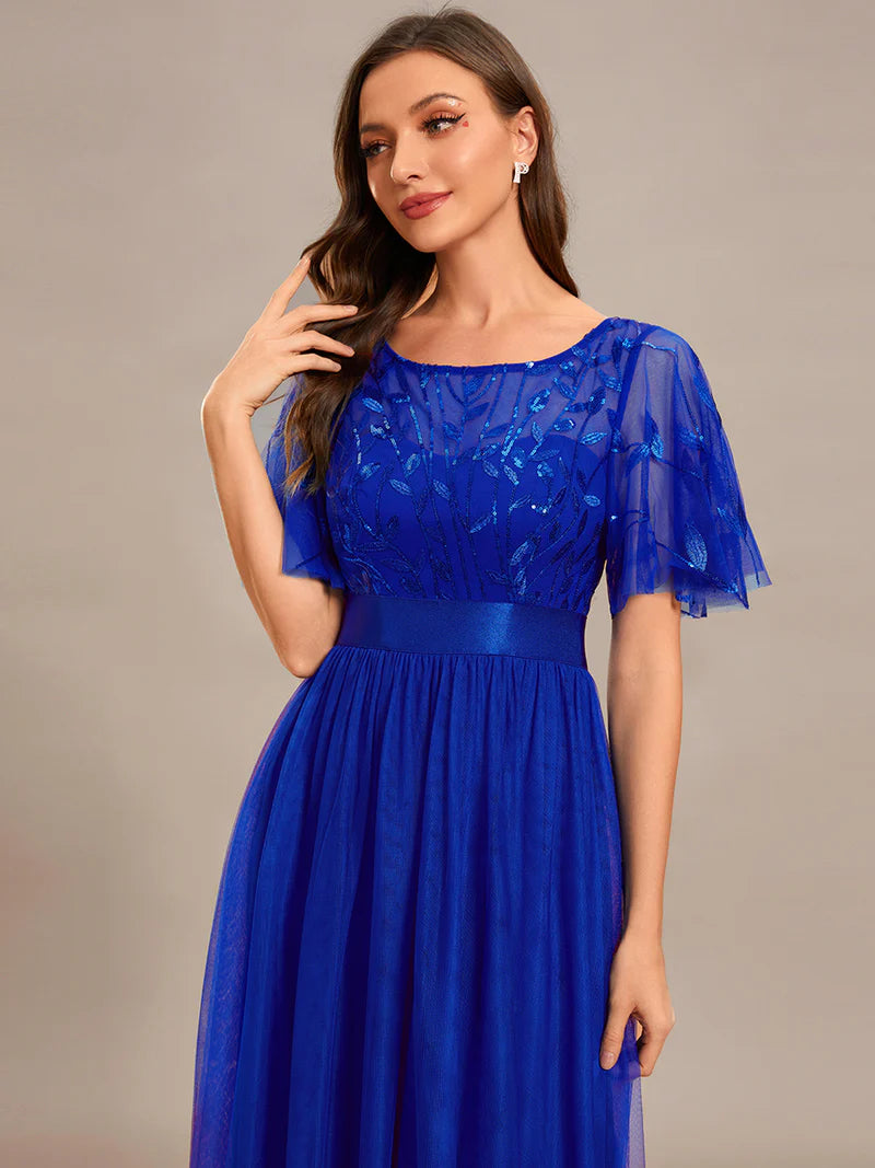 Shapie blue elegant floor-length evening dress with sequin print and cap sleeves