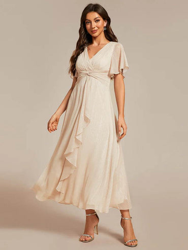 Elegant Shimmer V-Neck Tea-Length Dress with Short Sleeves – Perfect Wedding Guest Outfit - Biamonde