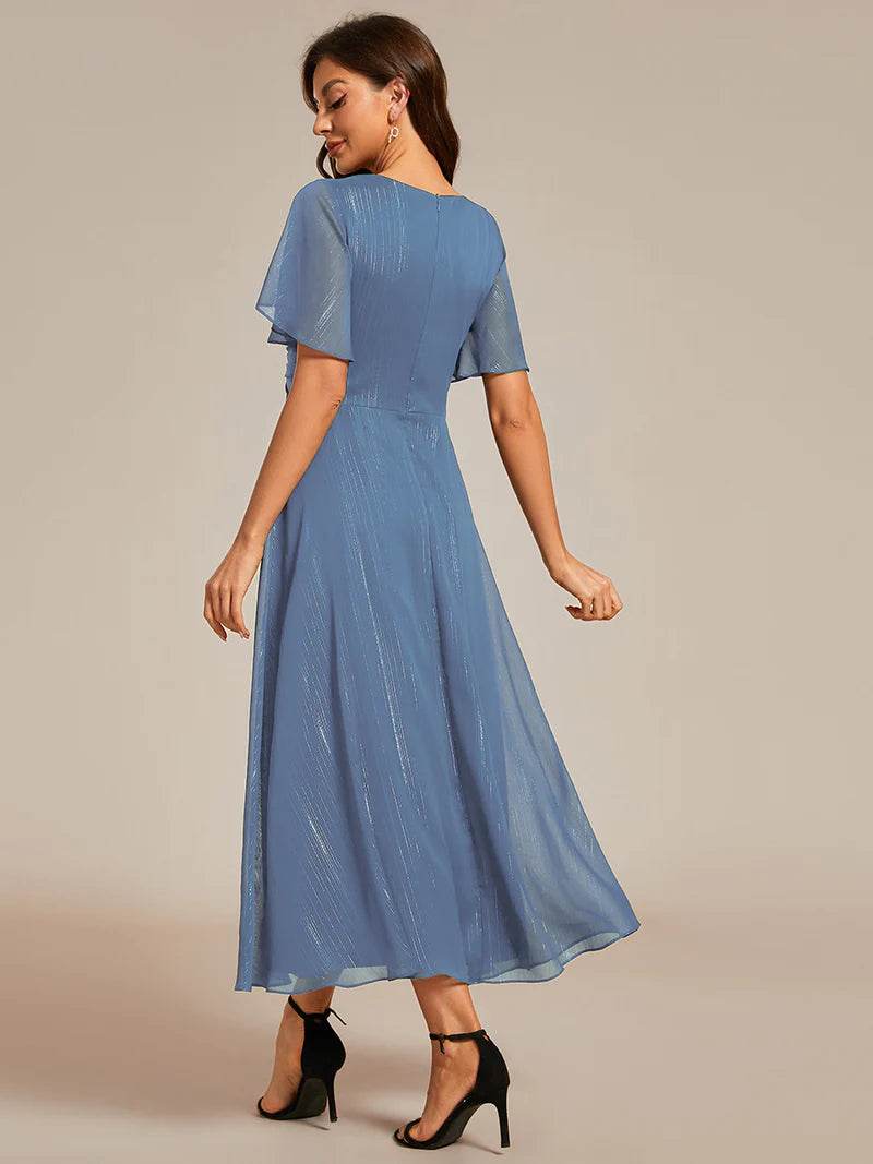 Elegant Shimmer V-Neck Tea-Length Dress with Short Sleeves – Perfect Wedding Guest Outfit - Biamonde