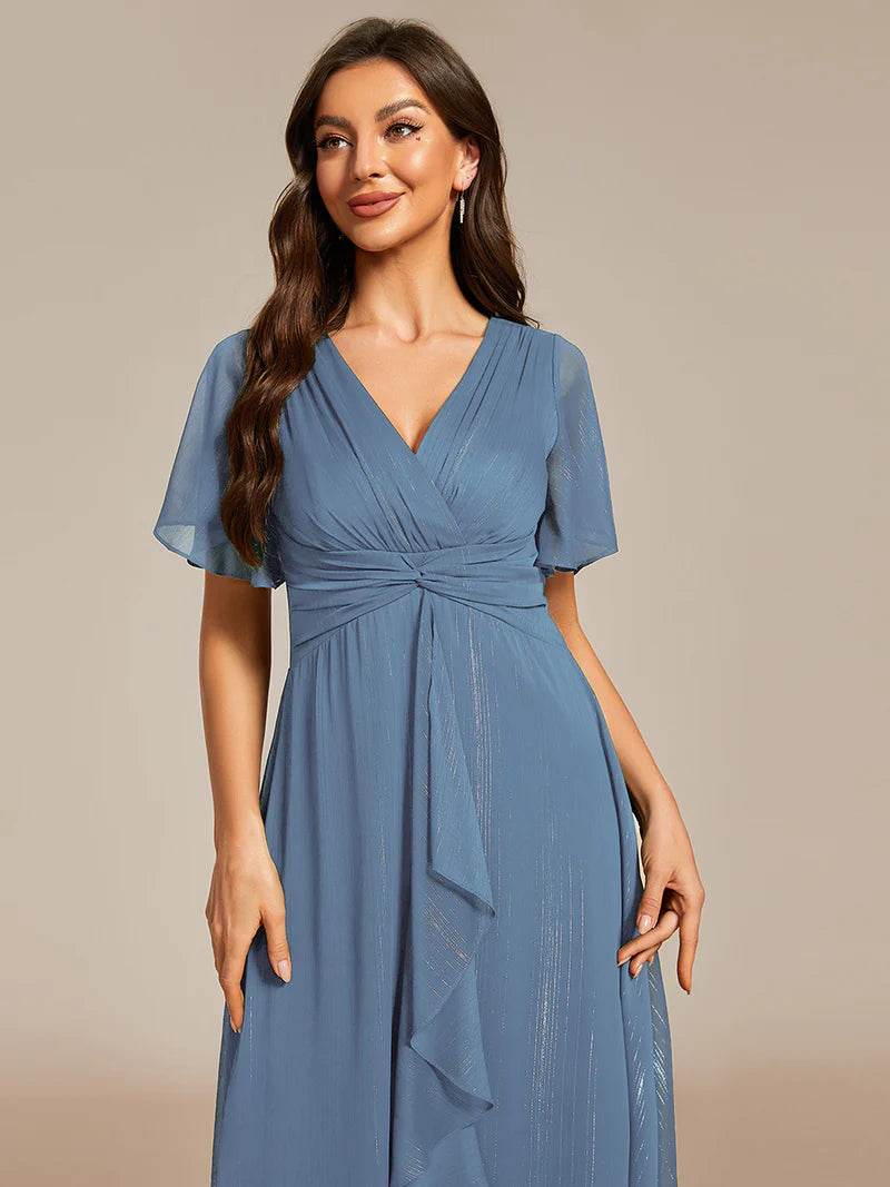 Elegant Shimmer V-Neck Tea-Length Dress with Short Sleeves – Perfect Wedding Guest Outfit - Biamonde