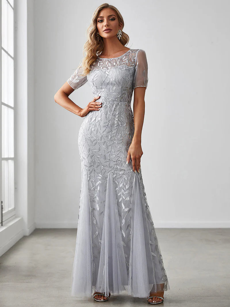 Silver women’s floral sequin fishtail party dress with tulle skirt and elegant mermaid silhouette