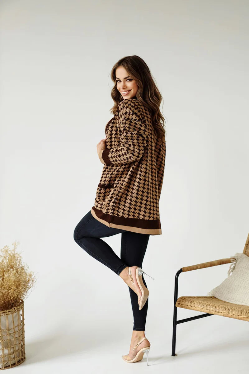 Sofia caramel checkered cardigan, warm neutral knit with cozy elegance