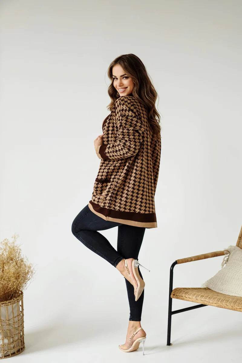 Sofia Caramel Checkered Cardigan – Warm Neutral Knit with Cozy Elegance - Biamonde