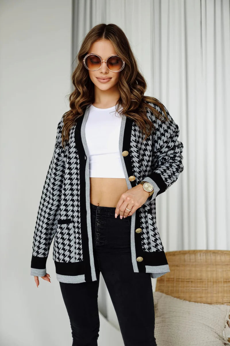 Sofia gray checkered cardigan, soft monochrome knit for effortless layering