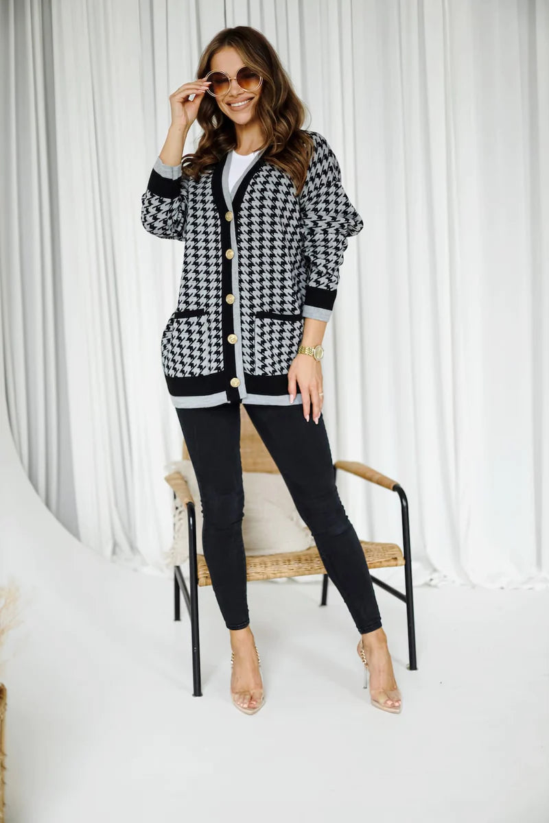 Sofia gray checkered cardigan, soft monochrome knit for effortless layering