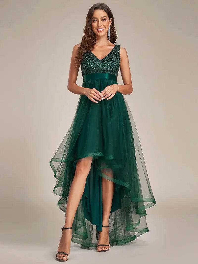 Sparkling Evening Dress – Deep V-Neck with Asymmetrical Hemline - Biamonde