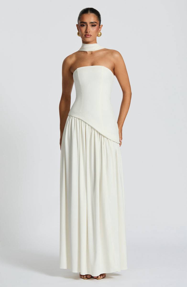 Strapless two-piece white maxi dress with front side slit skirt – perfect for summer or events