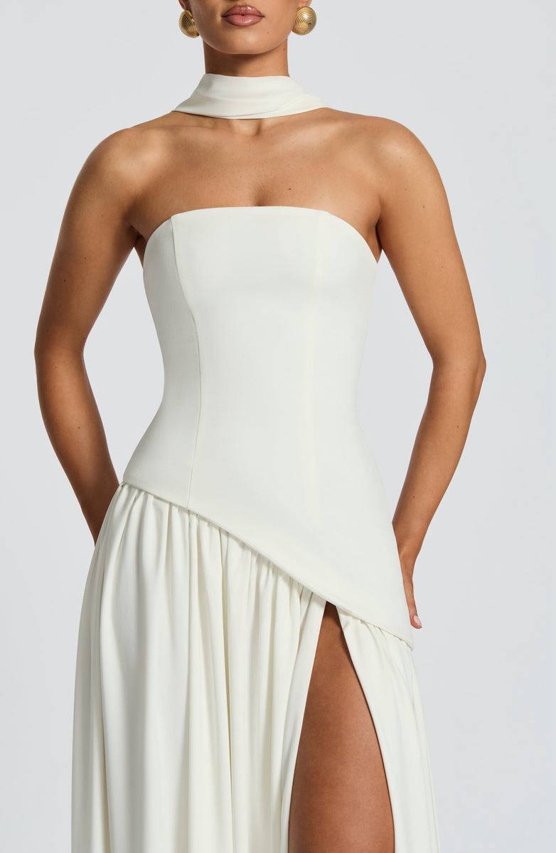 Strapless two-piece white maxi dress with front side slit skirt – perfect for summer or events