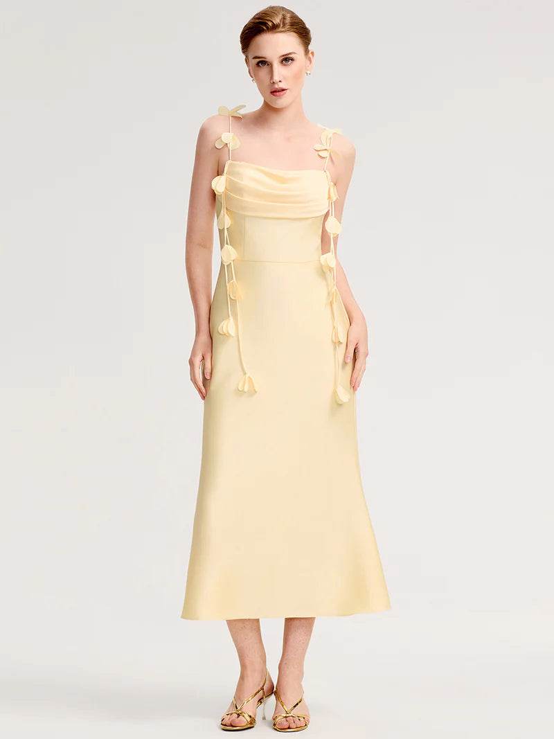 Strapless Yellow Fishtail Midi Dress Floral Tie-Front - Biamonde