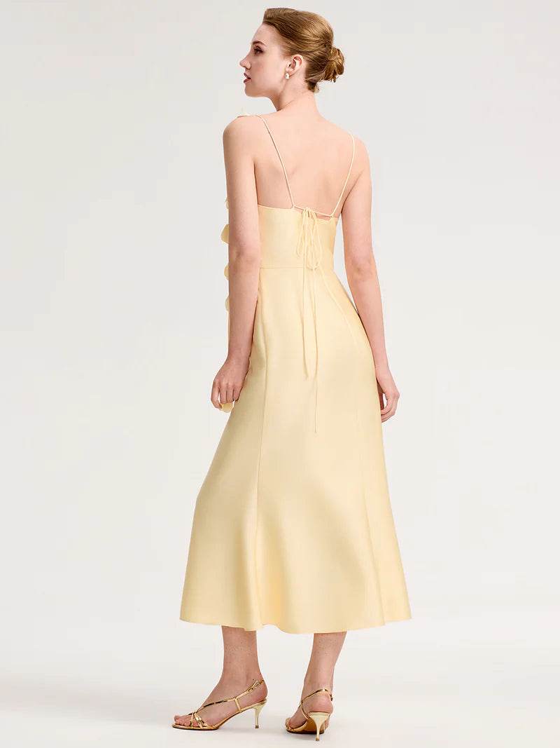 Strapless Yellow Fishtail Midi Dress Floral Tie-Front - Biamonde