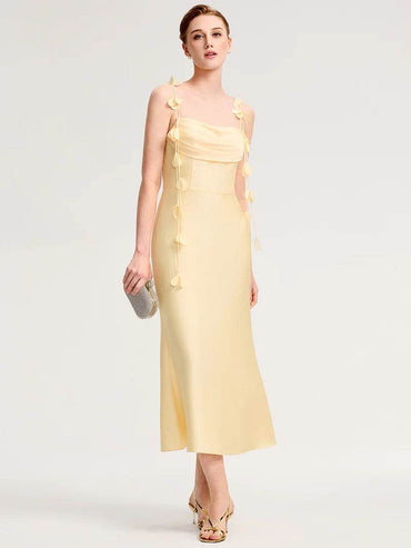 Strapless Yellow Fishtail Midi Dress Floral Tie-Front - Biamonde