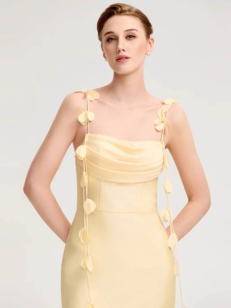 Strapless Yellow Fishtail Midi Dress Floral Tie-Front - Biamonde