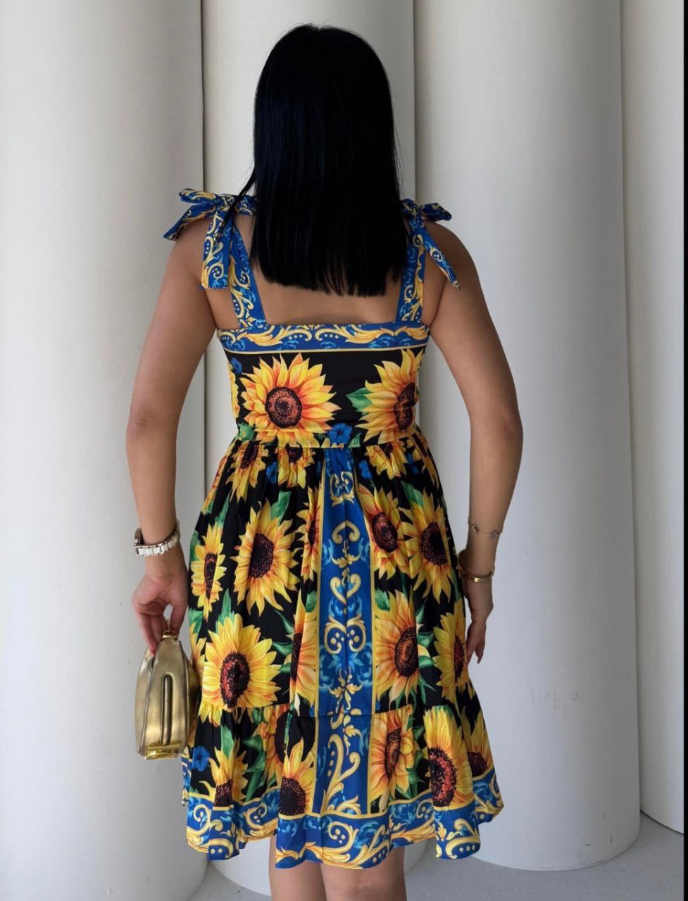 Black and yellow sunflower print summer midi dress with bow tie shoulder straps